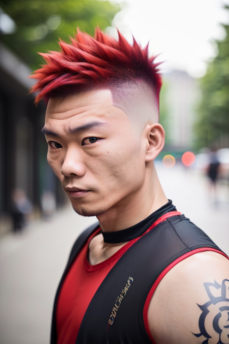 photo of an athletic chinese man with a red mohawk undercut, detailed eyes, blurry background, bokeh, outdoors, night, dsl...